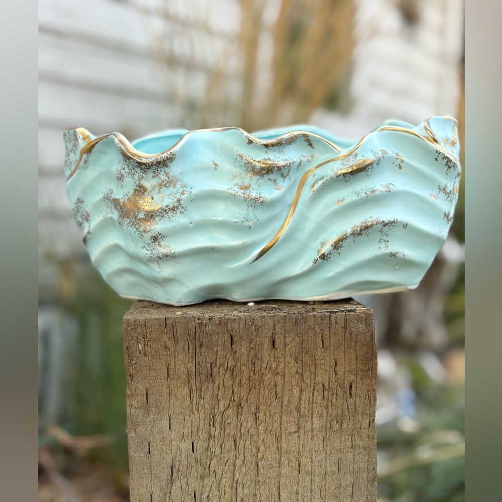 Elegant Turquoise Ceramic Wave planter 1950’s beauty